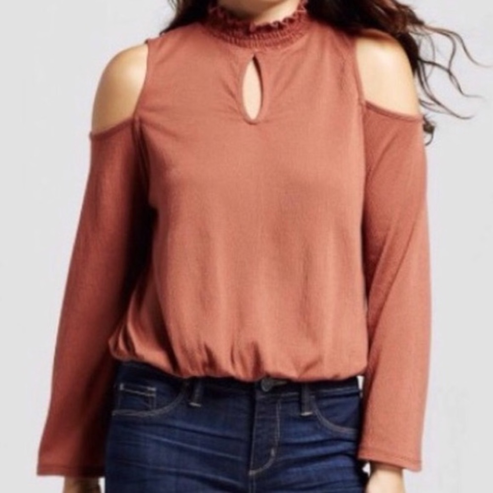 Cold Shoulder Rust Color High Neck Bodysuit XS